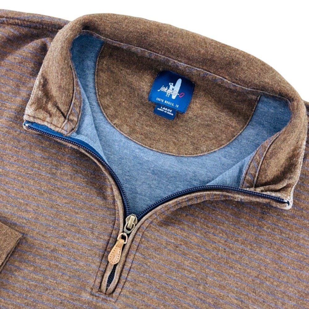 Johnnie-O Mens Large Brown Blue Striped Quarter Zip Pullover Sweater Golf